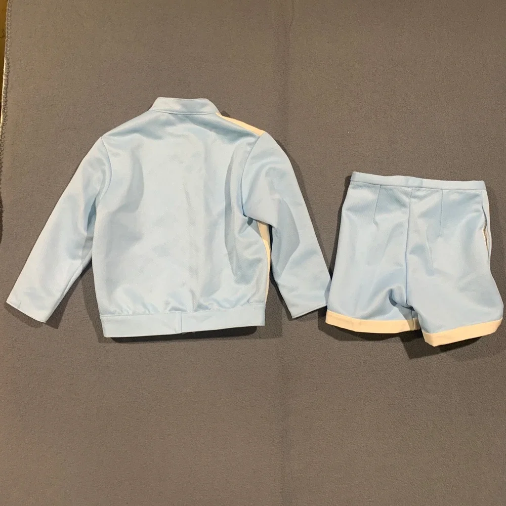 Vintage 70s Tracksuit Kids‎ Toddler Blue Cream Zip Jacket Shorts Set